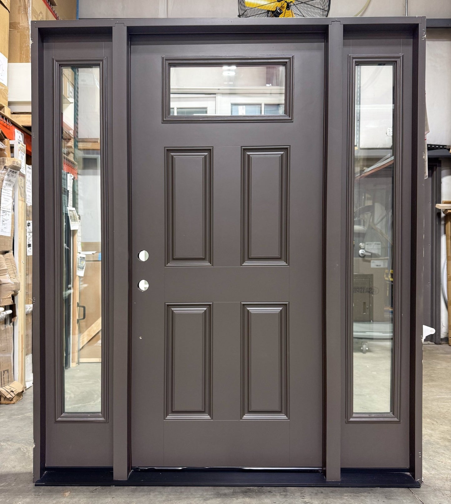 Front Door w/ 2 Sidelites Pella® Fiberglass 68 x 80 – Brown - Clark Listings