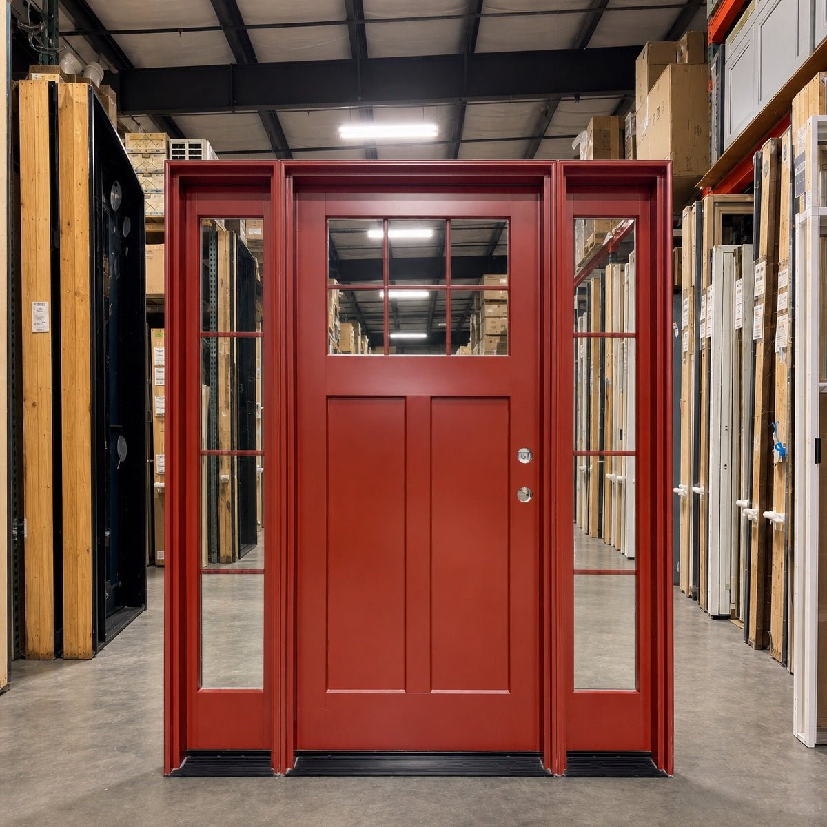 Front Door with 2 Sidelites Pella® Lifestyle 68 x 80 – Brick Red - Clark Deals LLC