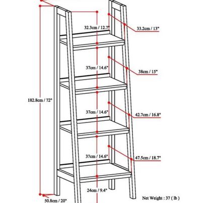 Simpli Home Sawhorse Distressed Gray Wood 4-Shelf Ladder Bookcase 24”W x 72”H x 20”D