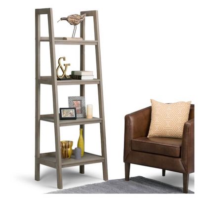 Simpli Home Sawhorse Distressed Gray Wood 4-Shelf Ladder Bookcase 24”W x 72”H x 20”D