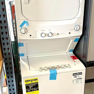 New GE Gas Stacked Laundry Center With 3.8 Cu. Ft. Washer And 5.9 Cu. Ft. Dryer, White
